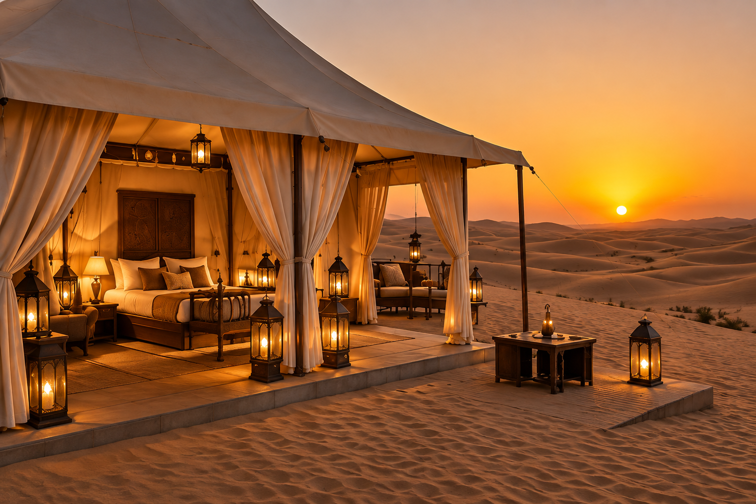 Luxury desert camp in the Thar Desert at sunset